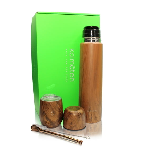 KALMATEH Yerba Mate Set- Includes Yerba Mate Gourd, Vacuum Insulated Thermos 1000ml, Bombilla Straw and Cleaning Brush (Wood)