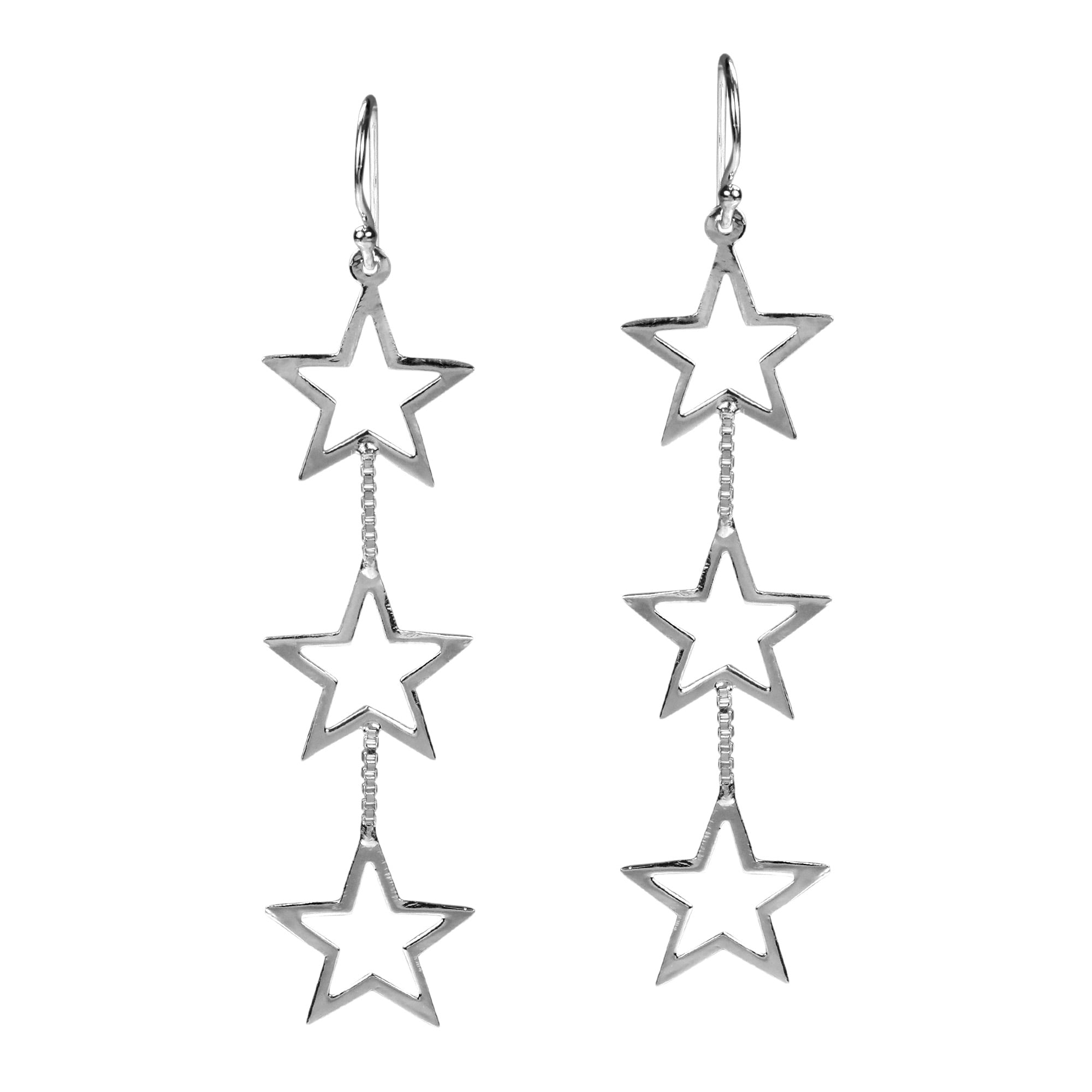 Triple Retro Open Star Link 925 Sterling Silver Dangle Earrings Triple Retro Open Star Link 925 Sterling Silver Dangle Earrings