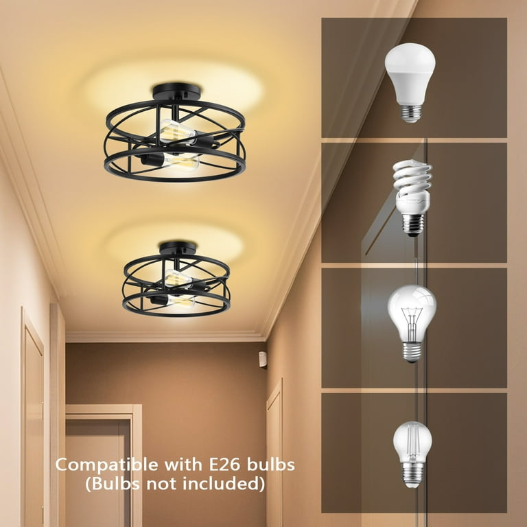 2-Light Ceiling Light Fixture 14 inch Round Semi Flush Mount Ceiling Light  with Metal Cage Matte Black Finish, Industrial Modern Farmhouse Ceiling