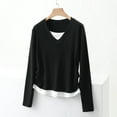 thumbnail image 2 of fatyb Womens Cotton Tops Long Sleeve Casual Round Neck Shirts Bottoms Pullover Spring 2 in 1 Blouses, 2 of 3