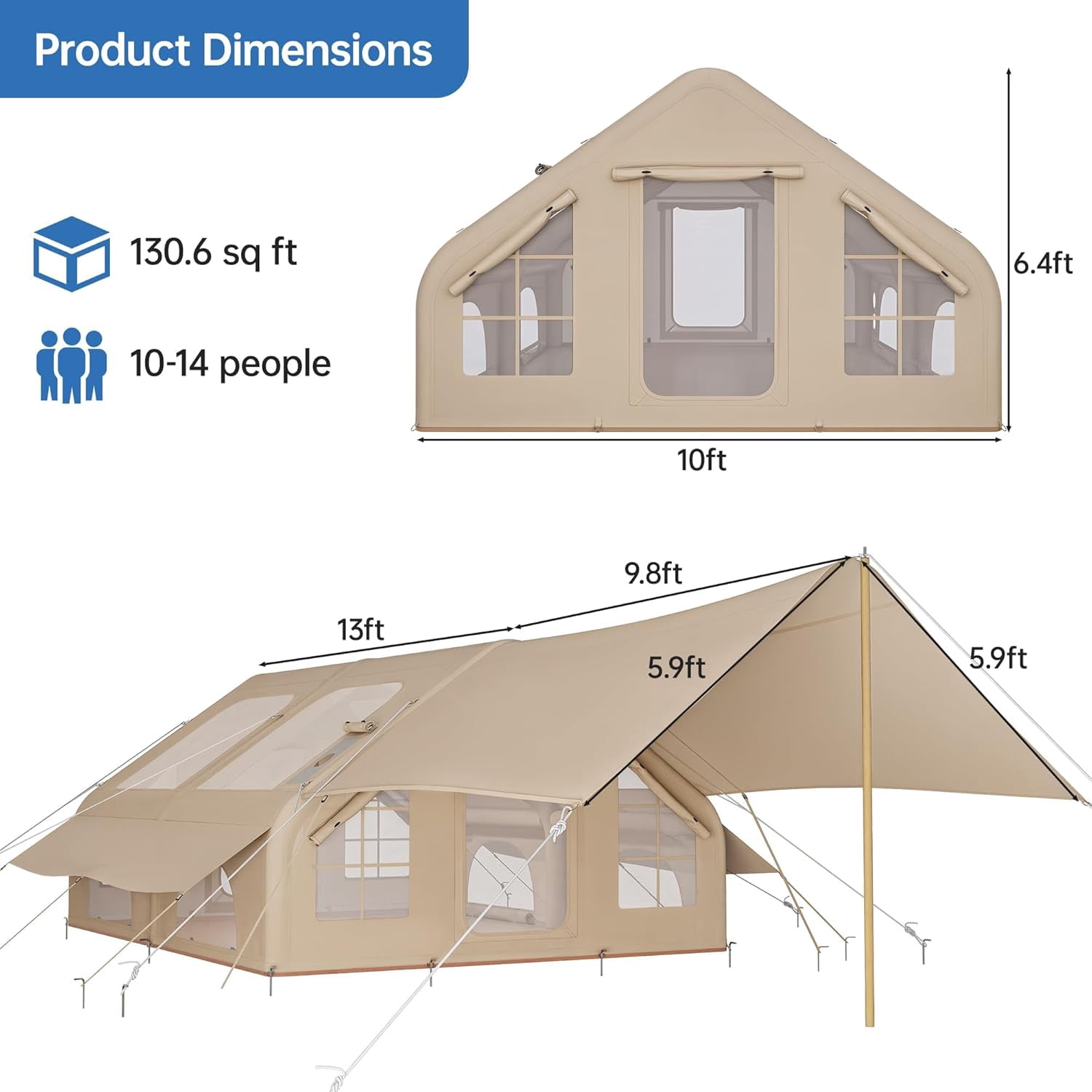 Kuublock Inflatable Camping Tent with Pump & 1/2 Awnings, 8-14 Person Air Tents for Camping Adult, Large Waterproof Oxford Family Glamping Tent, Quick Setup Big Tent for Outdoor Camping