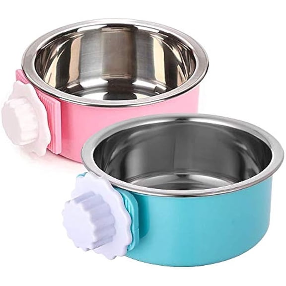 Set of 2 Crate-Mounted Stainless Steel Pet Bowls, Removable Small Dog & Cat Food Water Bowls (Pink & Blue)