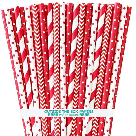 Paper Drinking Straws Paper Drinking Straws - Red and White - Stripe Chevron Polka Dot - 7.75 Inches - 100 Pack ()