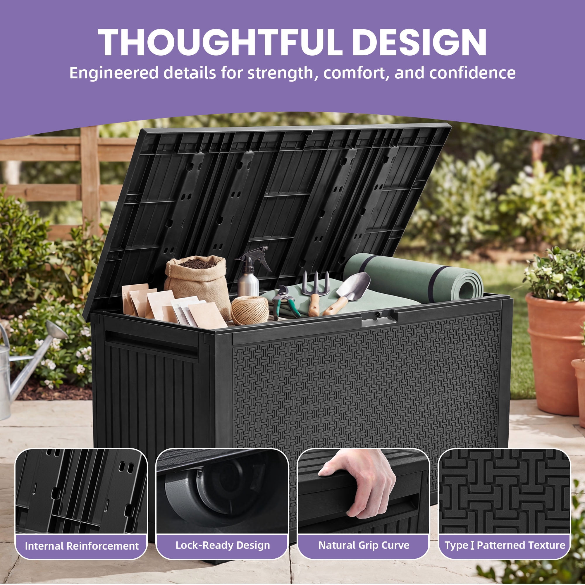Uforic 90 Gallon Resin Outdoor Deck Box, Waterproof UV Resistant Lockable Storage Box with Handles, Black