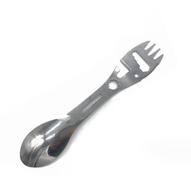 Utensilio de acampada deportivo de acero inoxidable con cuchillo, cuchara, tenedor, abrelatas de botellas, cubiertos múltiples funcionales 5 en 1