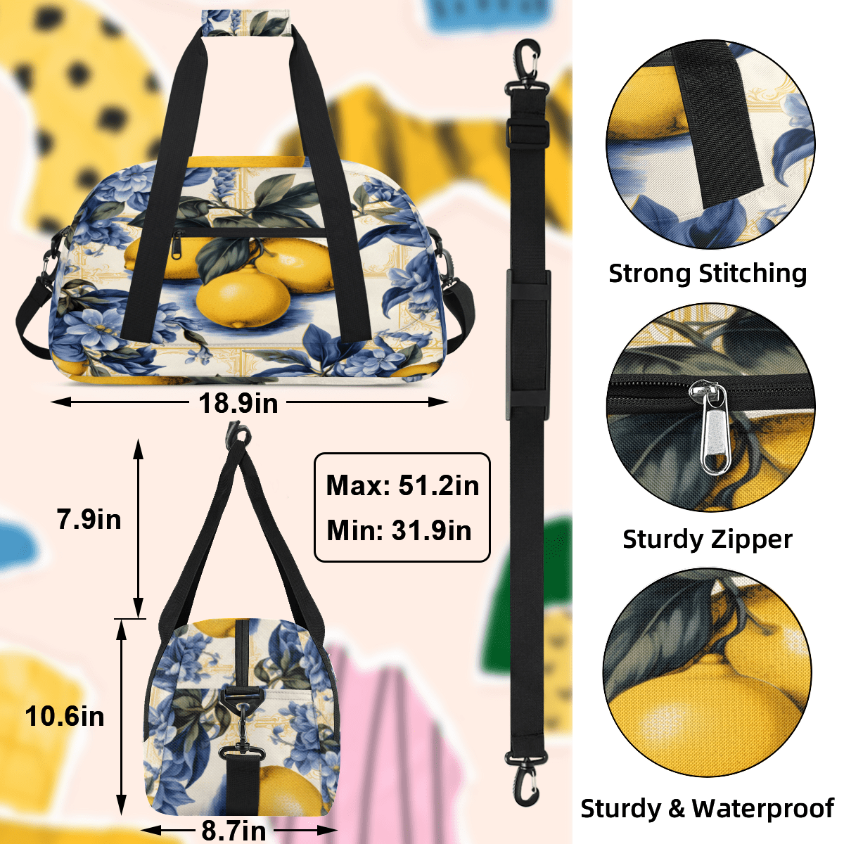 Herdesigns Lemon Sports Duffle Bag for Women & Men, Vintage Lemon Gym Bag Dance Bag Overnight Bag Carry On Weekender Travel Bag
