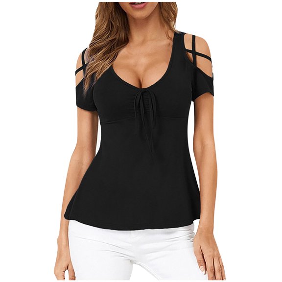 yoeyez Summer Tops for Women 2024 Petite Fitted Shirts For Women Sexy Off The Shoulder Tops Loose Short Sleeve T Shirt Black Crop Top Hollow Out Tunic