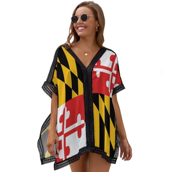Maryland Flag Beach Cover Ups for Women Bathing Suit Cover Up Lace Bikini Swimsuit Coverup Beach Dress Shirt One Size
