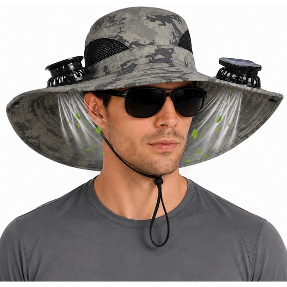 Wide Brim Sun Hat with 2 Solar Fans, UPF 50 Fan Hat for Men Women, Outdoor Bucket Hat for Fishing Hiking