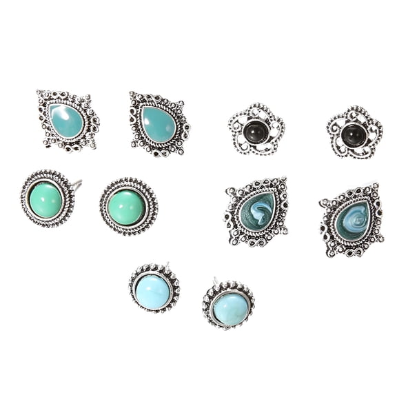DESIGNICE 5 Pairs Turquoise Stud Earrings Small Geometric Oval Round Flower Earrings Gemstone Cut Shape Square Studs Turquoise Jewelry
