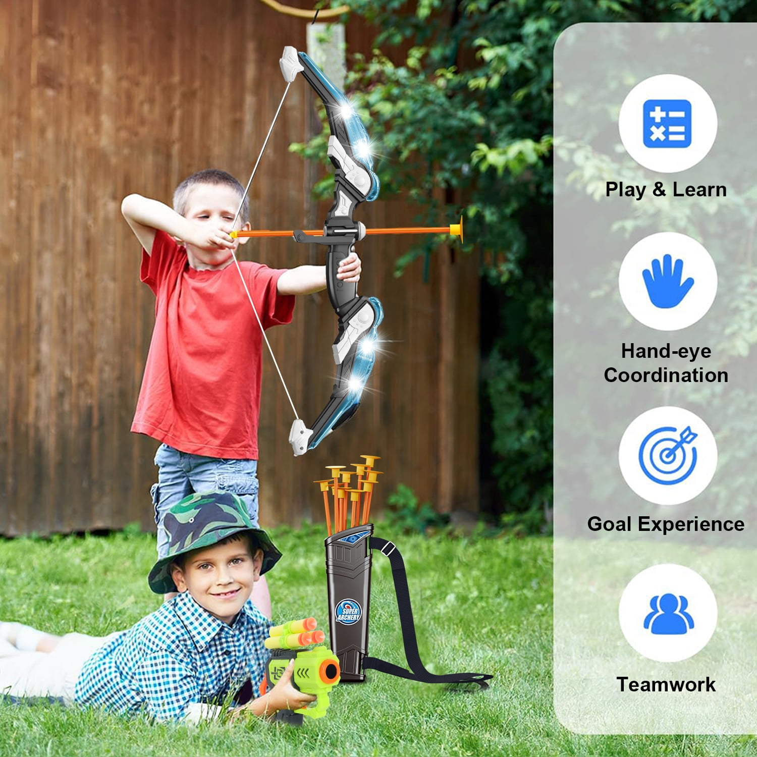ASTRAEA 2 Pack Bow and Arrow Set for Kids, LED Light Up Archery Set with Shooting Game Toy & Standing Target for Boys and Girls Age 5 6 7 8 9 10 11+, Indoor Outdoor Activity Gift for Christmas