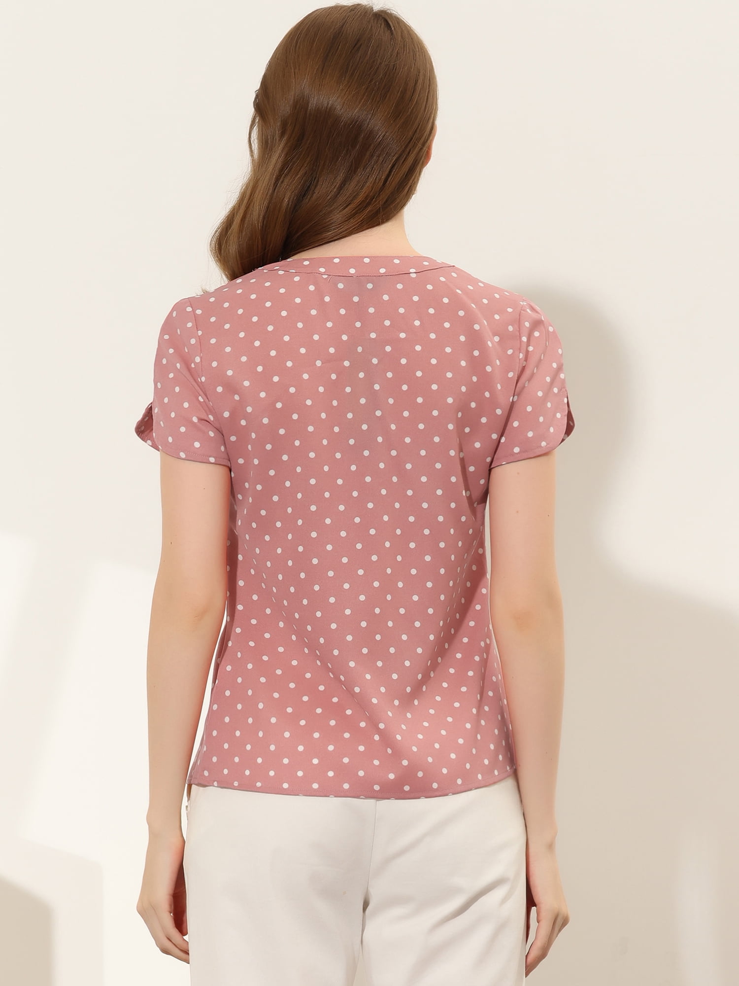 DARING DIVA V Neck Dots Printed Work Office Blouse Top L Pink