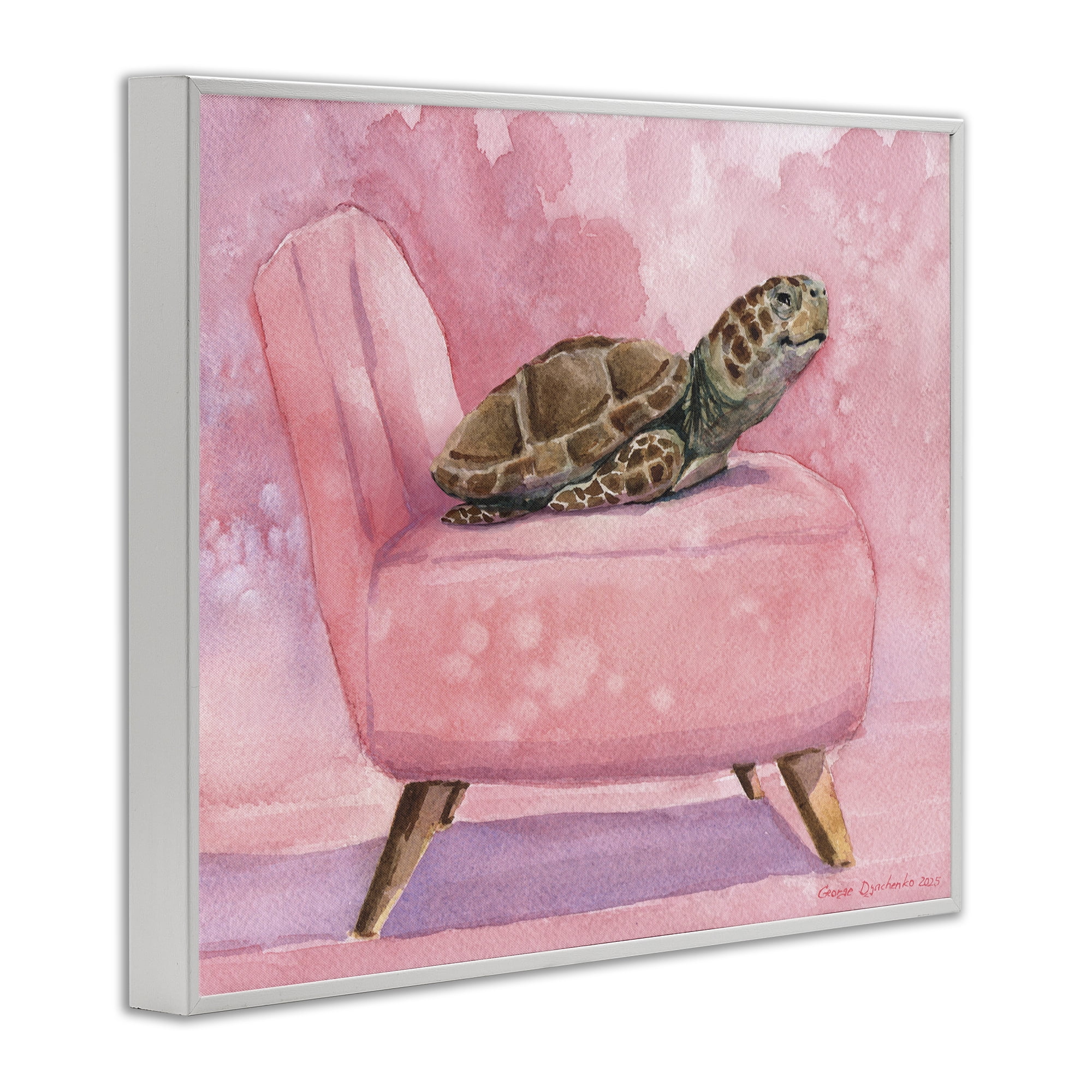Stupell Industries Happy Turtle on Pink Chair White Framed Giclee Art, design by George Dyachenko
