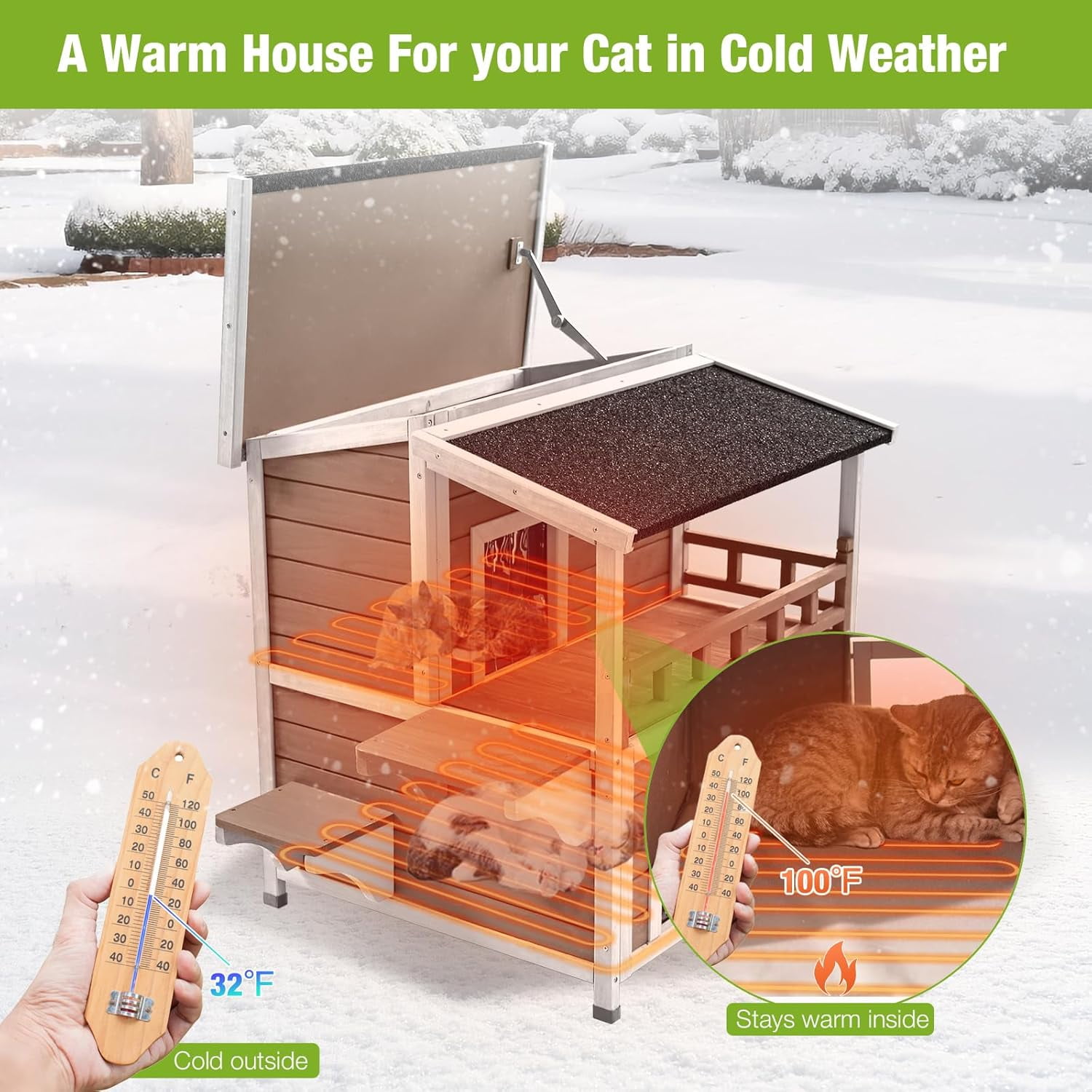 Aivituvin Heated Cat House for Outside, 2-Story Wooden Cat House Weatherproof for Winter Outdoor Feral Cat Shelter with Heater and Insulated Liner, Brown