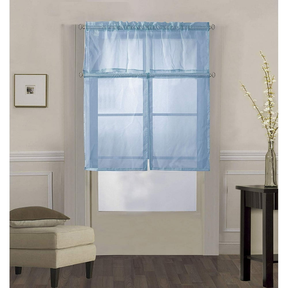Decotex 3 Piece Solid Sheer Voile Kitchen Window Curtain Tier & Valance