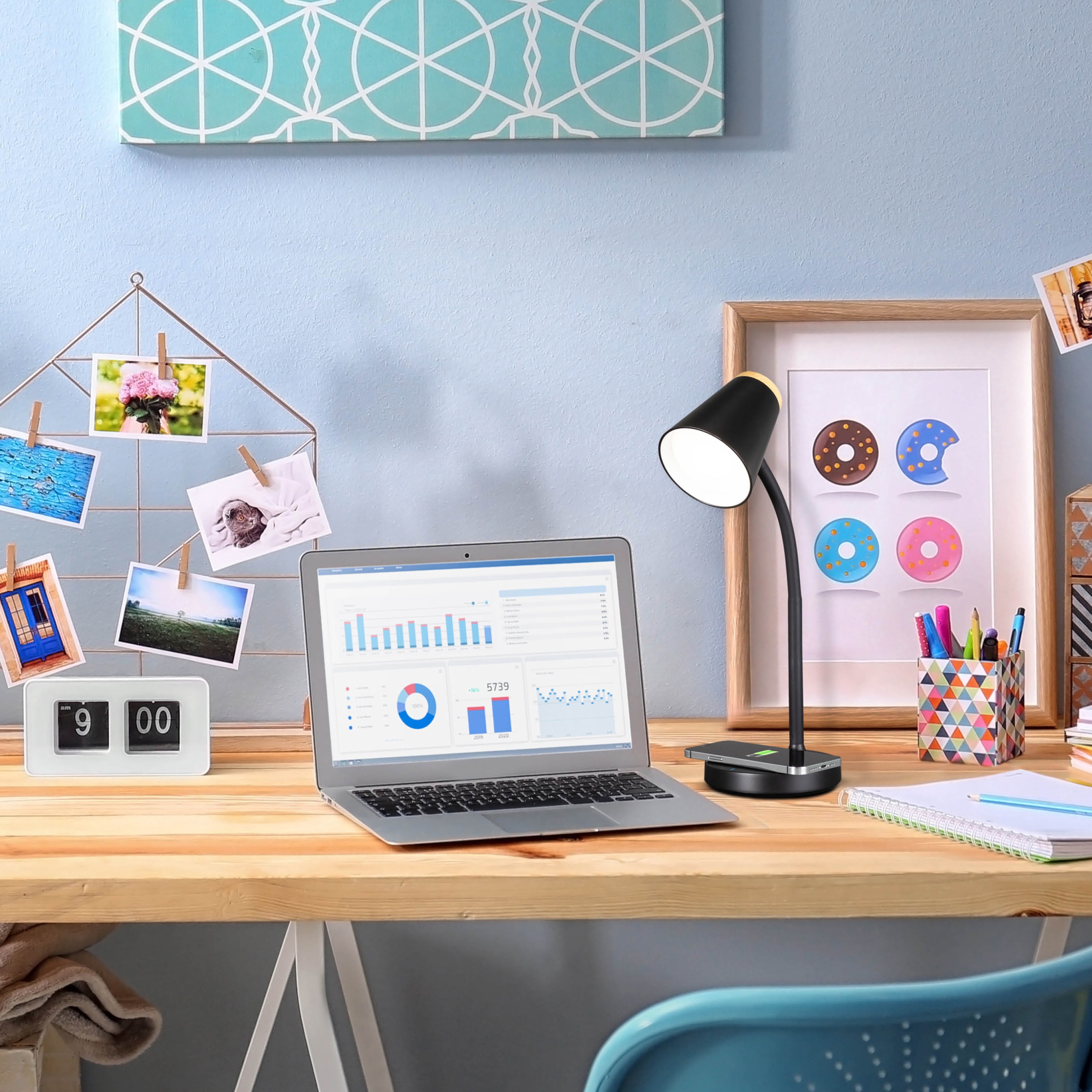 OttLite Gleam LED Desk Lamp with Wireless Charging, Dimmable, Black with Wood Accent, 3 Color Modes