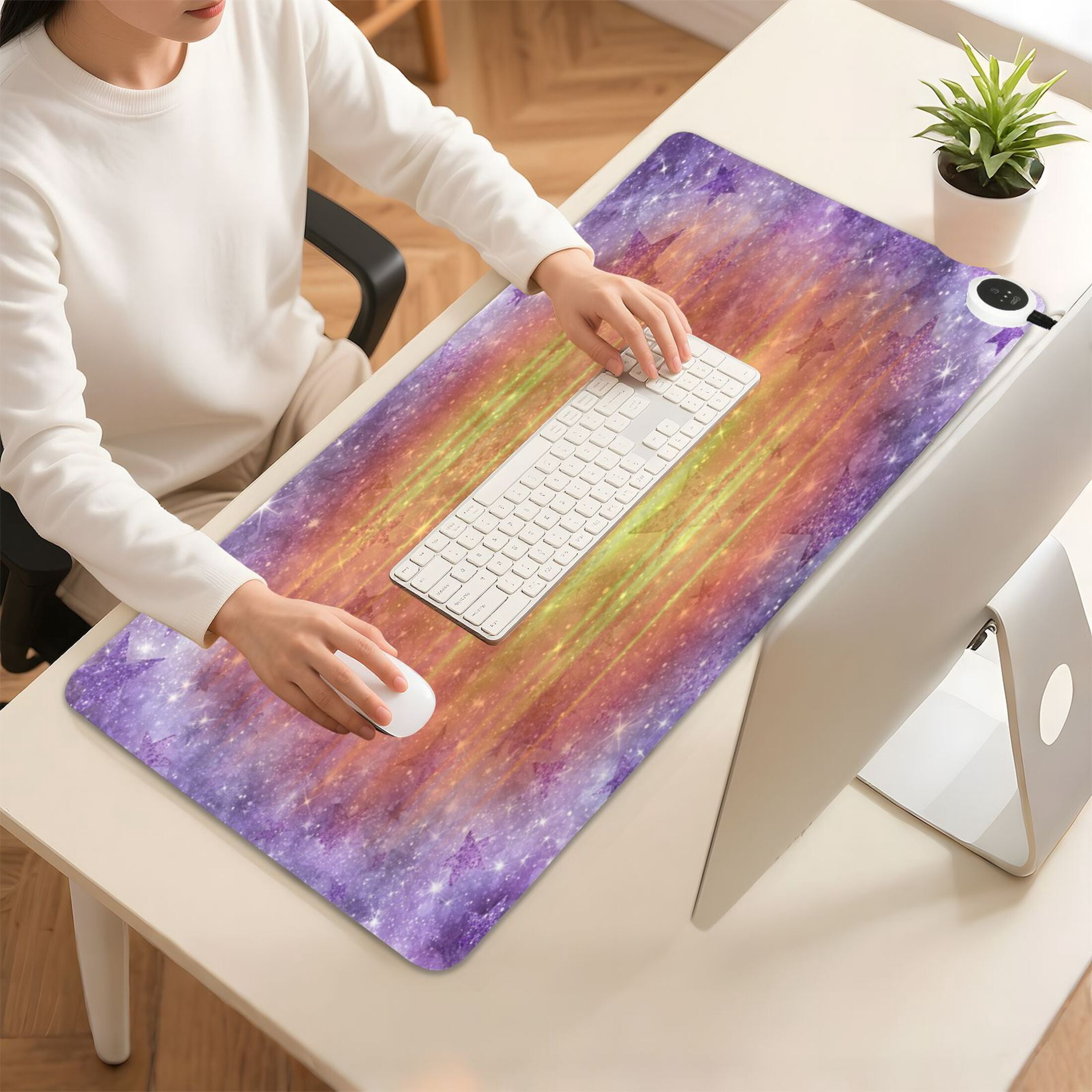 Large Heated Desk Mat Mouse Pad 31.5"x13"PU Leather Graphene Heating Desk Warmer with 3 Temperature Settings 110V US Plug Non-Slip Warm Pad for Home, Office, and Gaming Purple Cosmic Galaxy Pattern