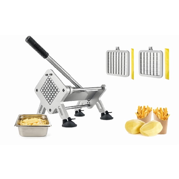 Professional French Fry Cutter, Heavy Duty Stainless Steel Potato Slicer with 1/2" & 3/8" Square Blades, Manual Veggie Cutter for Carrot/Cucumber/Onion, Commercial & Home Use, Silve