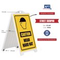 thumbnail image 3 of M&T Displays White Street SignPro Board, Weatherproof A-Frame Sidewalk Curb Sign with 2 24x36 inch Matt Laminated Anti-Glare CAUTION WEAR HARD HAT Sticker Signs, Folding Portable Double Sided, 3 of 11