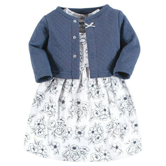 Hudson Baby Infant and Toddler Girl Quilted Cardigan and Dress, Blue Toile, 0-3 Months