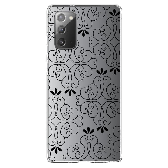 DistinctInk Clear Shockproof Hybrid Case for Samsung Galaxy Note 20 (6.7" Screen) - TPU Bumper, Acrylic Back, Tempered Glass Screen Protector - Black White Fade Black Floral Pattern