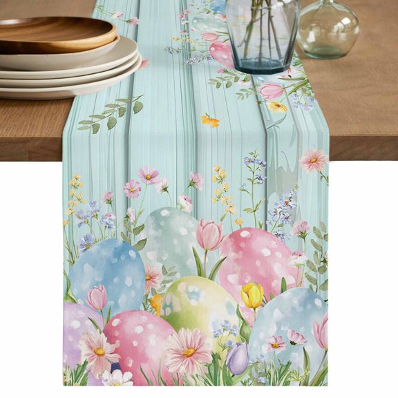 Table Runner - 90 Inch Long, Easter Eggs Kitchen Dining Table Runner Dresser Scarves, Spring Daisy Eucalyptus Leaves Teal Wooden Farmhouse Decor for Coffee Tables Wedding Party Banquet