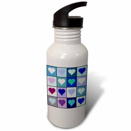 

3dRose Blue Turquoise Aqua Love Heart squares - Hearts pattern - contemporary modern trendy stylish mosaic Sports Water Bottle 21oz