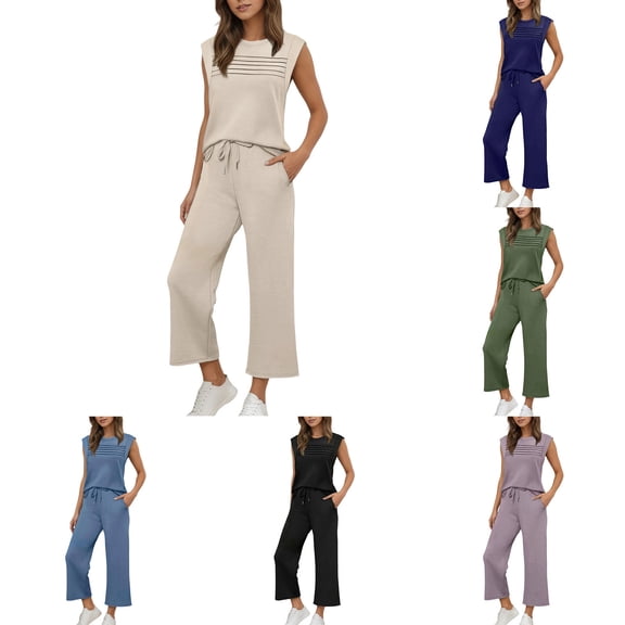 Summer Outfits for Women,Casual Soft Jogger Pants and Tank Top Outfit, Comfortable Solid Color Streetwear Tracksuit with Drawstring Waist,2 piece Lounge Set for Women(Beige,M)