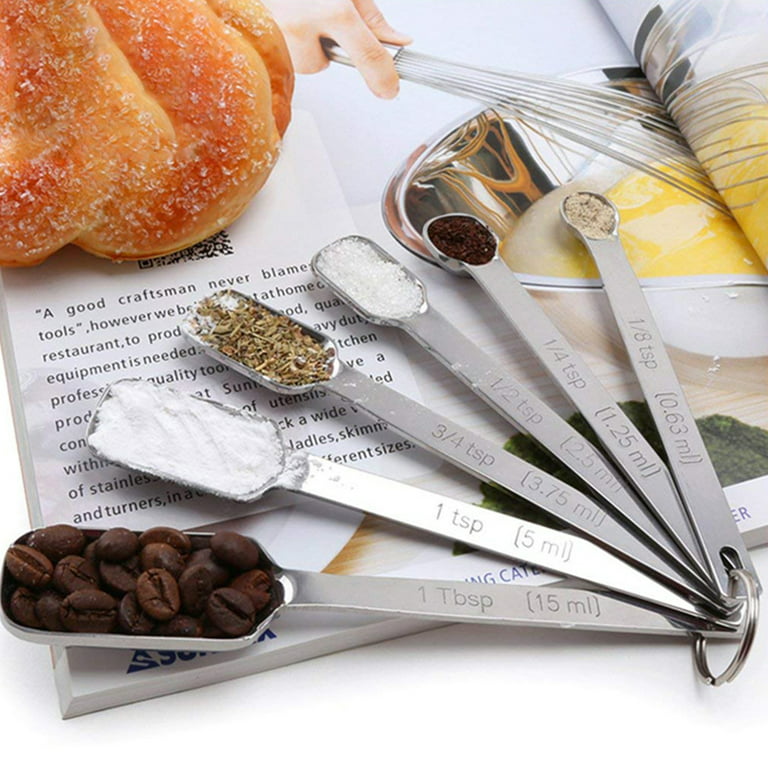 Measuring Spoon, Stainless Steel Measuring Spoons with Long Handle and Engraved Measurements Set of 6, for Dry or Liquid, Size: 16, Silver