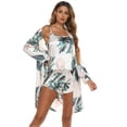 thumbnail image 1 of Women's 3pcs Satin Pajamas Sets,Floral Sleeveless Spaghetti Strip Top+Elastic Waist Shorts+Knee Length Kimono Cover-up Pajama Robe,Super Soft Cami Sleepwear Loungewear Nightwear Set,S-L White Leaves, 1 of 6