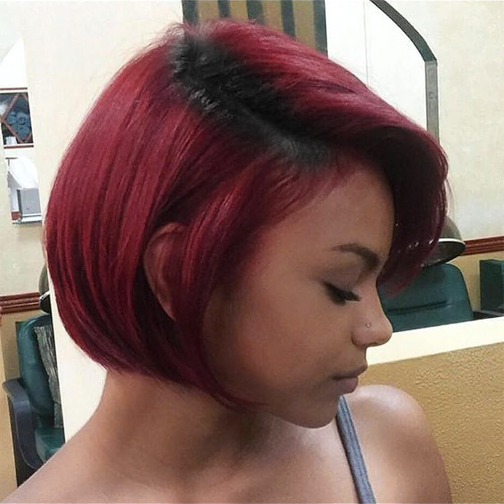 Ombre Butgundy Red Color Short Bob 100% Human Hair Full Machine Made Wig Easy To Put On And Take Off Sport Side Part Pixie Cut Natural Black 99j Remy Brazilian Human Hair No Lace Wig For Women