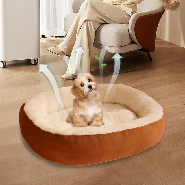 Cama para perro de color marrón, almohadilla de calor ovalada de felpa, apta para perros de hasta 8 libras