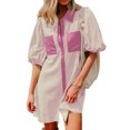 thumbnail image 2 of Camisas de Cuello en V de Manga Corta para Mujeres Vestido de Túnica de Rayas con Botón de Verano con Bolsillos, 95% Poliéster 5% Spandex para Diario Y Fiesta, 2 of 8