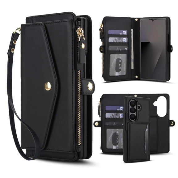 for Samsung Galaxy Z Fold 7 Adjustable Shoulder Strap&Wrist Strap Detachable Magnetic Wallet Case,Zipper Pocket&RFID Blocking Card Slots, PU Leather Full Body Protection Rugged Phone Case,Black
