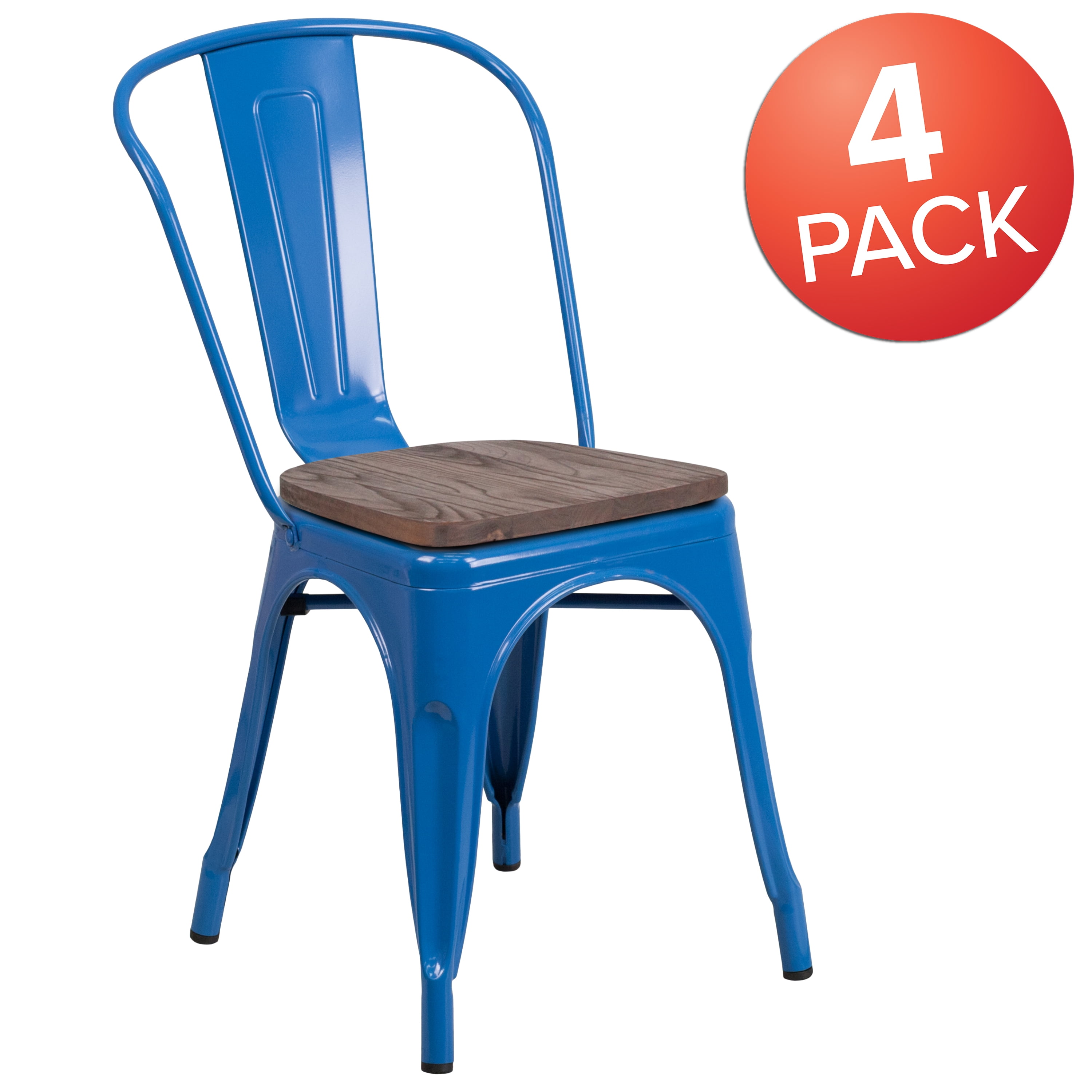Flash Furniture 4 Pk. Blue Metal Stackable Chair with Wood Seat