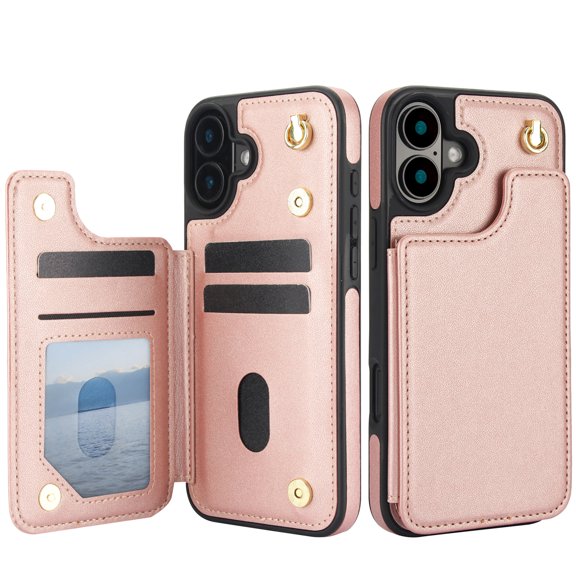For iPhone 16 Plus Crossbody Wallet Phone Case,With Shoulder Strap,Card Slots,Back Double Magnetic Clasp PU Leather Flip Kickstand,Durable Shockproof Anti-fall Phone Case Cover,Rosegold