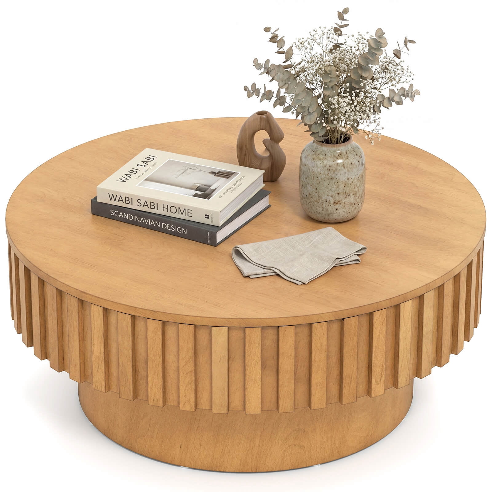 Costway Round Coffee Table with Storage, Wooden Drum Coffee Table with Hidden Compartment Natural