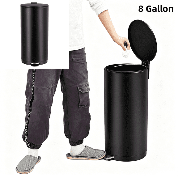 8 Gallon Trash Can with Soft Close Lid, Round Stainless Steel Step on Garbage Bin for Office, Bedroom, Living Room