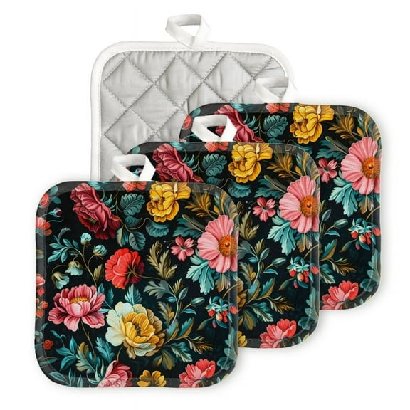 Bahomeck Heat Resistant Hot Pads 4 Pack Vintage-Inspired Floral Pattern With Bold Square Pot Holder For Kitchen Cooking Oven And Bbq Grill With Hanging Loop Potholder Machine Washable