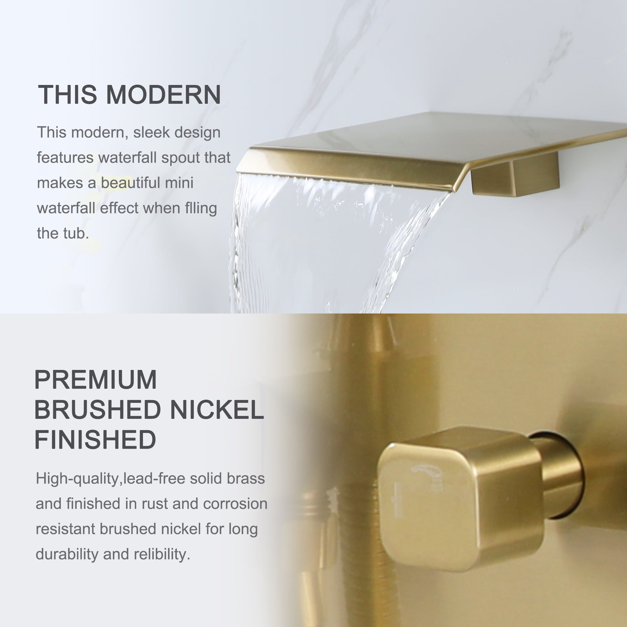 Wall Mounted Tub Filler with hand shower, Two Handles Brushed Gold Waterfall Bathtub Faucet with Rough-in Valve