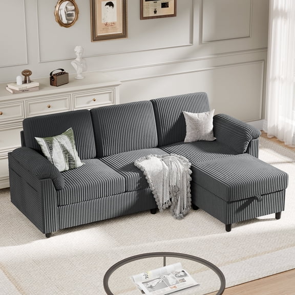 Walsunny 79" Convertible Sectional Sofa Couch With Ottoman,Linen Fabric L Shaped Sofa with Removable Pillows Dark Gray