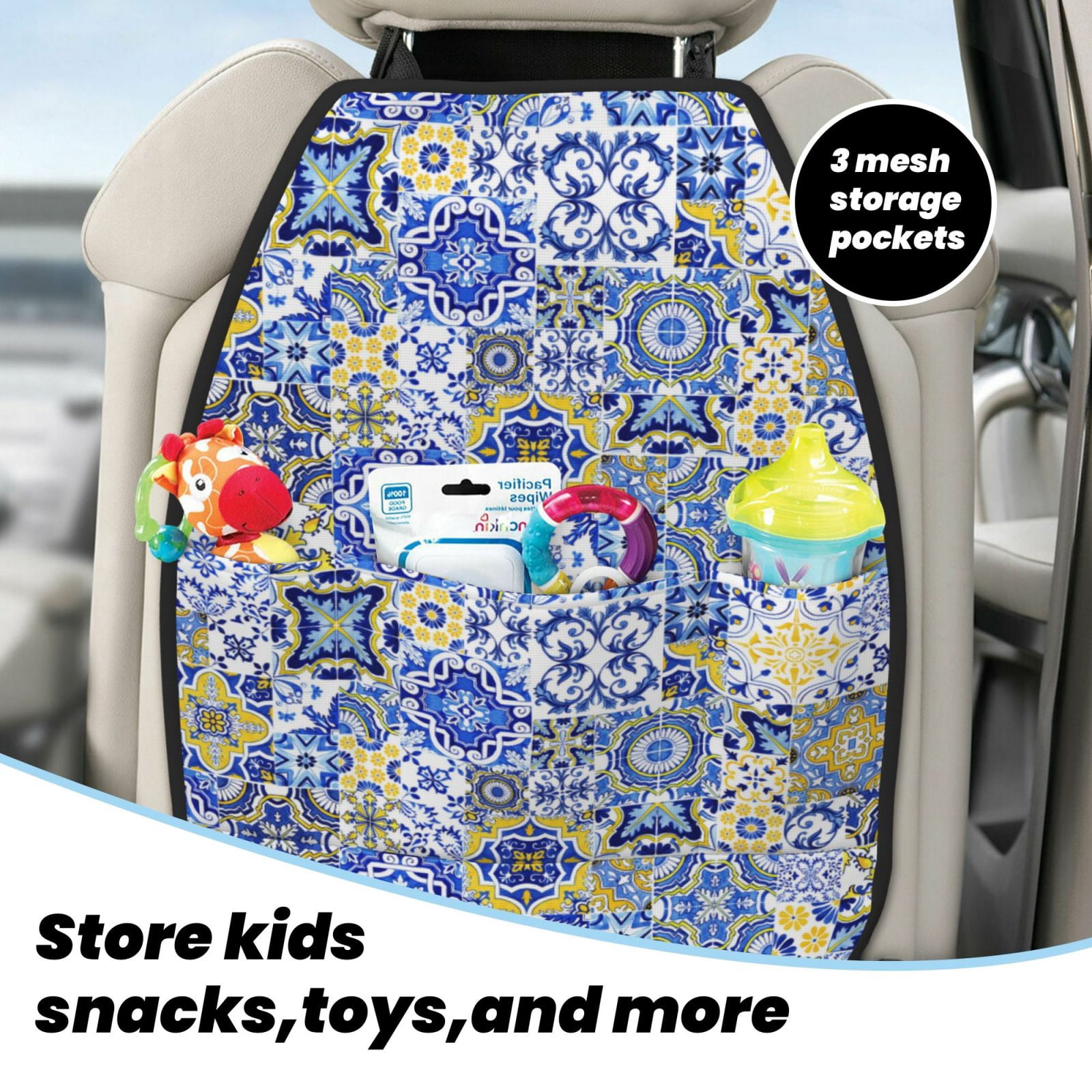 Kdxio Watercolor Artwork Print 2 Pack Car Kick Mat Seat Cover Back Protector Mat with Pockets for Organizer Backseat Protector and Storage Anti Kick Pad for Vehicles
