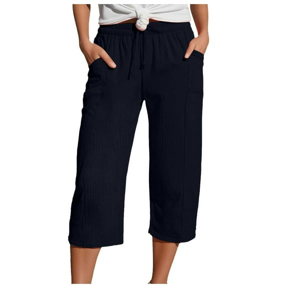 vigerkar Womens Lounge Pants with Pockets Straight Leg Baggy Cropped Elastic Waist Trousers Lightweight Loose Sweatpants Navy, M