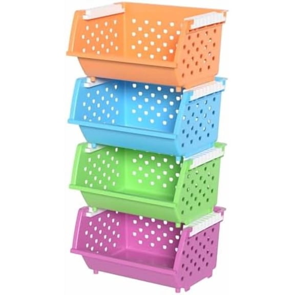 4 Tier Extra Large Stackable Baskets, Plastic Stackable Storage Bins Shelves for Closet Wardrobe, Playroom, Kitchen and Pantry Organization$$Home Decor, Kitchen, & Other