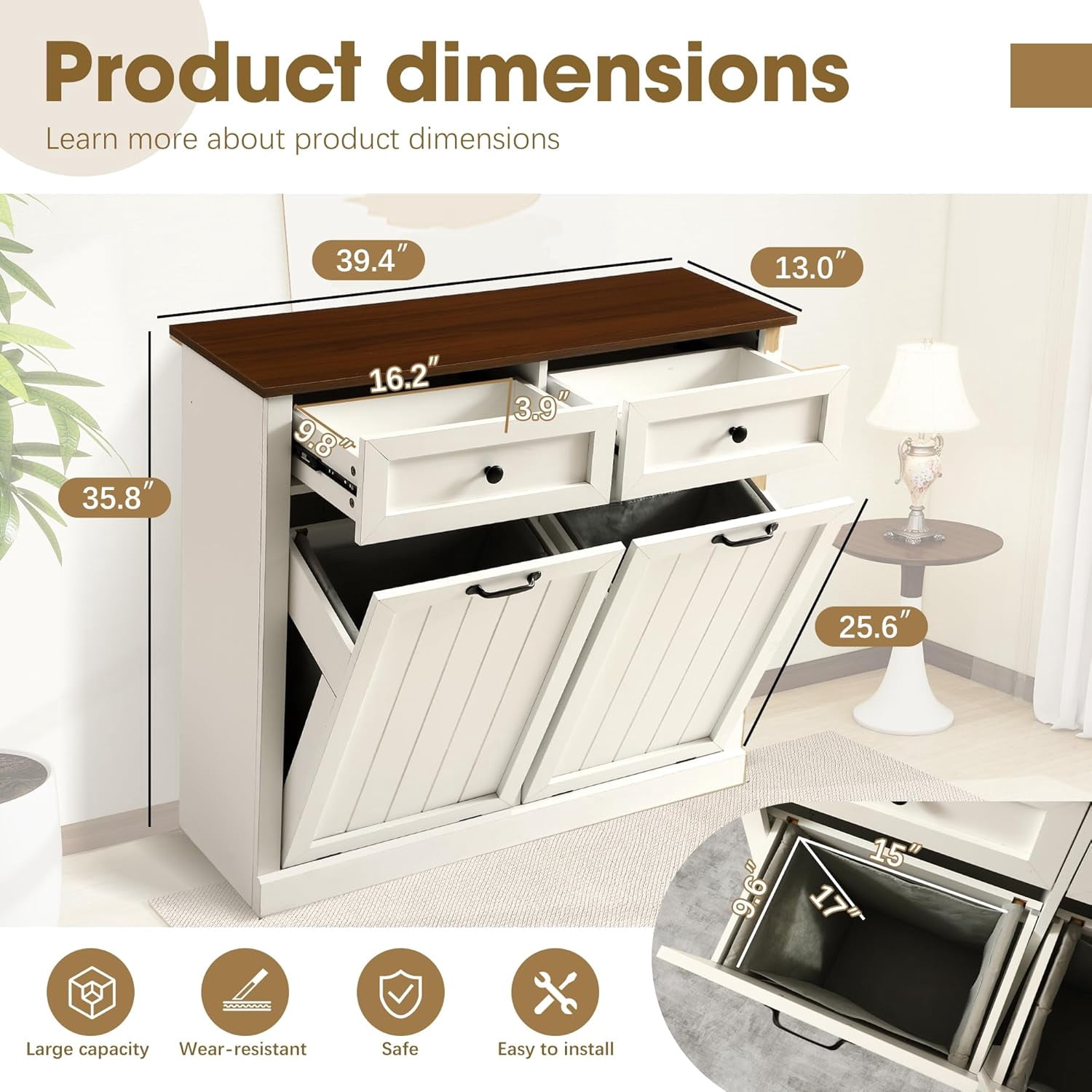 Magic Union Tilt Out Laundry Hamper Cabinets, 22 Gallon Double Hidden Laundry Hampers, Wooden Trash Can Cabinet W/2 Drawers, Farmhouse Garbage Can for Bathroom, Living Room, Kitchen