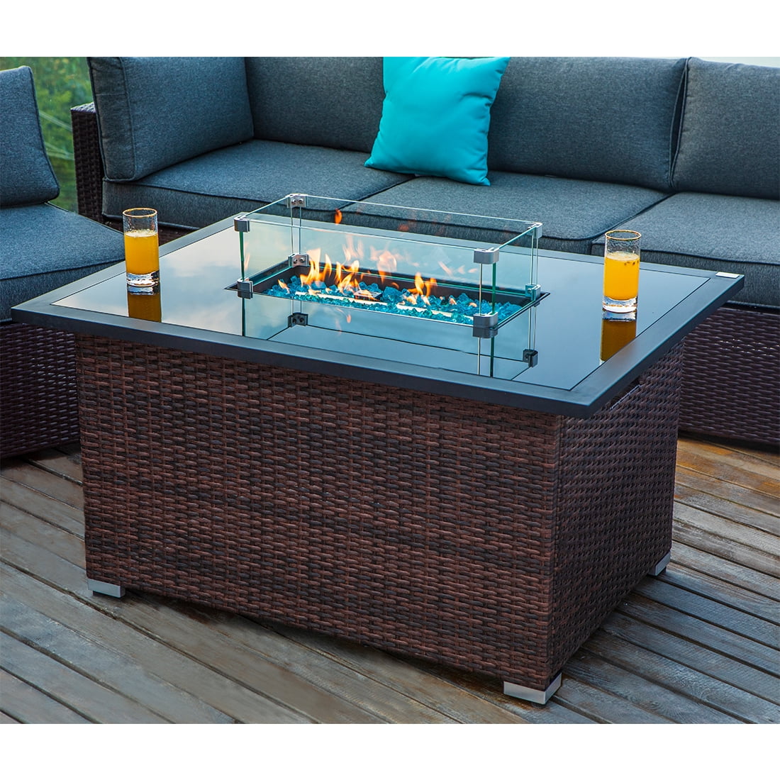 COSIEST Outdoor Rectangle Espresso Brown Wicker Propane Fire Pit Table