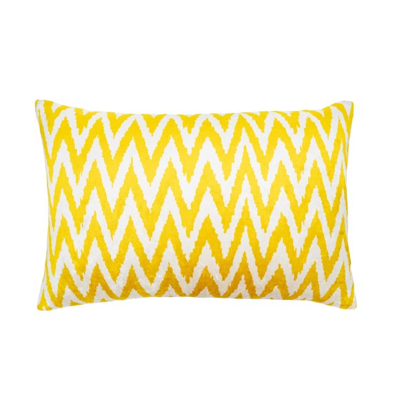 Chevron Yellow Silk Velvet Ikat Pillow, 16" X 24"