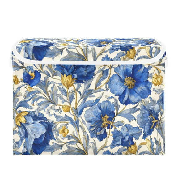 Large Collapsible Storage Box Flip Lid Fabric Decorative Organizer Container Basket with Handles 16.5×12.6×11.8in Beautiful Blue Floral Style