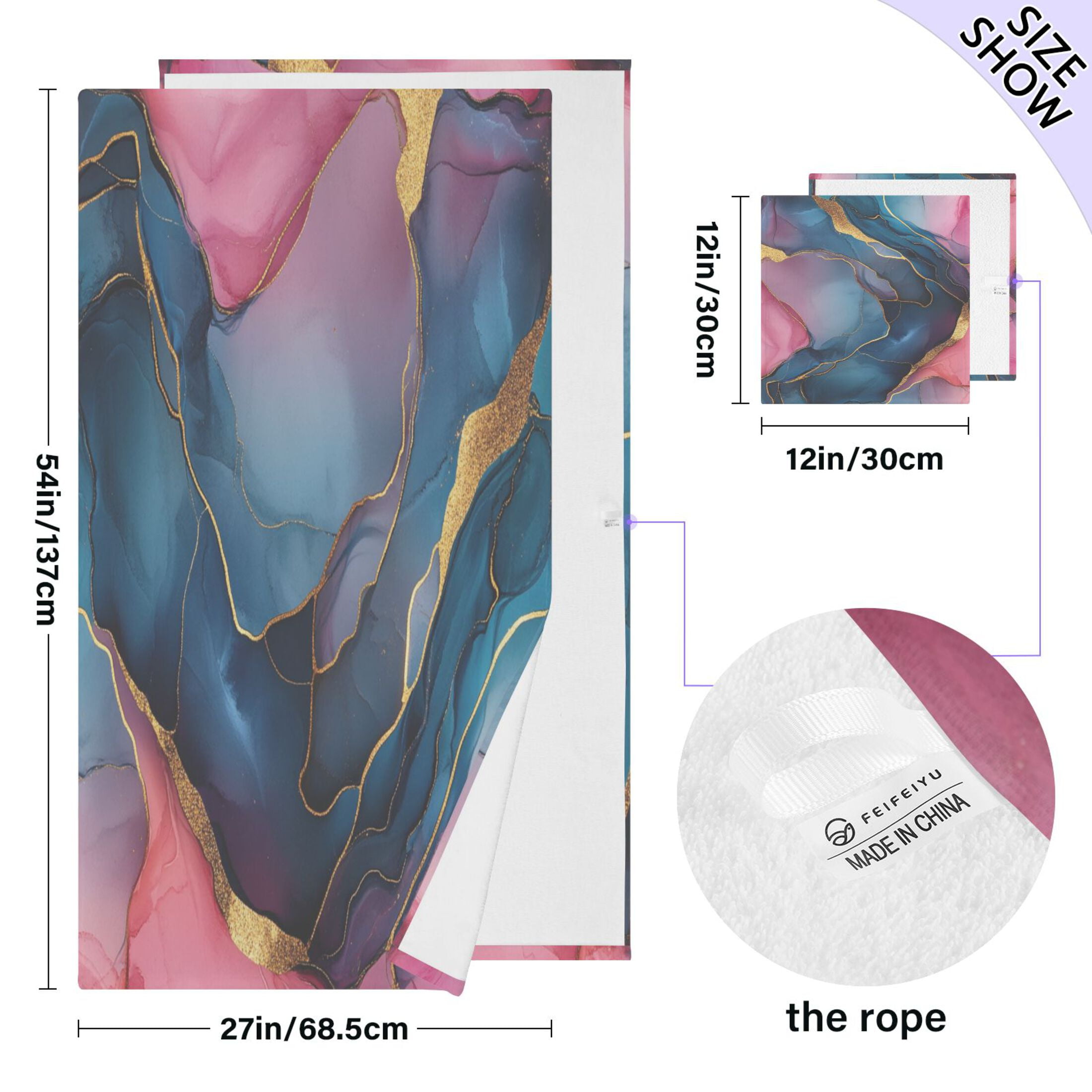 Qxltty Pink Gilt Marble Bath and Hand Towel Set 100% Cotton Towels for Bathroom Soft Durable and Absorbent