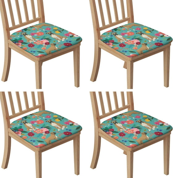 BoxerDog and Pioneer Flower Seat Covers for Dining Room Chairs Set Of 4,Stretch Printed Washable Chair Seat Cover with Elastic Ties and Button,Removable Waterproof Couch Cushion Covers